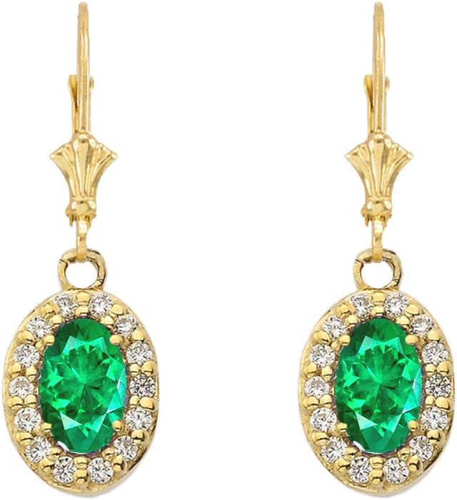 Dazzling 10k Yellow Gold Diamond and Oval-Shaped Emerald Leverback Earrings