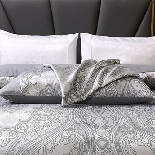STHL Luxury Duvet Quilt Cover 3 Piece Jacquard Bedding Set with Matching Pillow Cases Double Silver