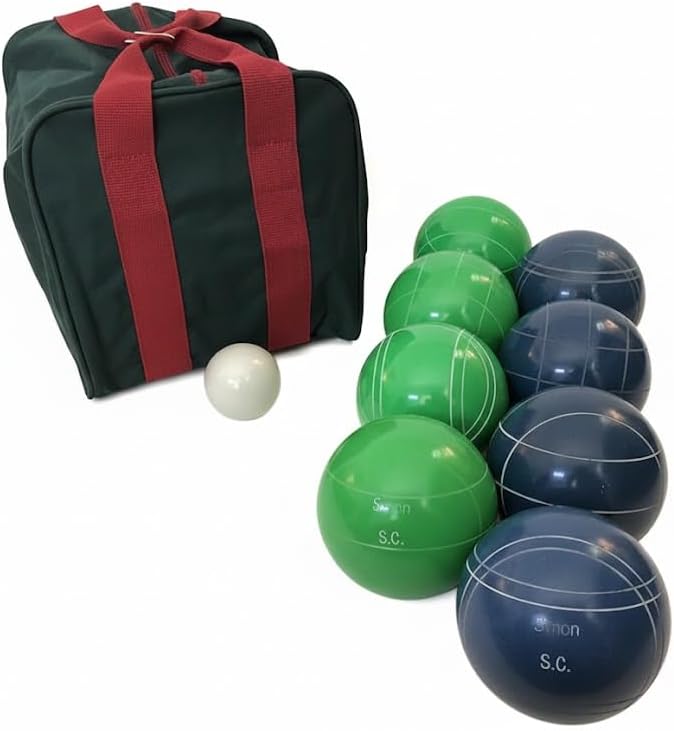 BuyBocceBalls Listing - Made in USA, Premium Quality Engraved Tournament Bocce Set - 110mm Green and Blue Balls, Nylon Bag, 998 Grams (2 lbs. 3.2 oz.). Various Bag Colors