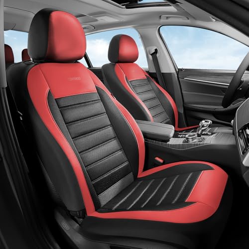 Image of Coverado Car Seat Covers Full Set, Luxury Leather Car Seat Covers, Automotive Front and Rear Mesh Seat Covers, Full Set 5 Seats, Black Red Seat Covers for SUV Sedan Truck