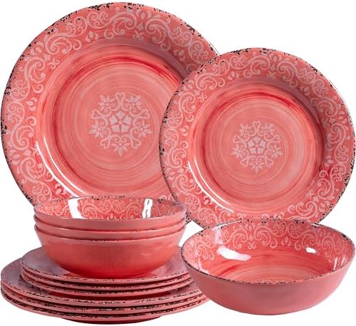 12-Piece Farmhouse Melamine Dinnerware Set, Elegant Unbreakable p...