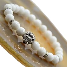 8mm Handmade Mens Varies Materials Silvery & Golden Lion Head Charm Bracelets Silver Lion Head, 17 White Alabaster