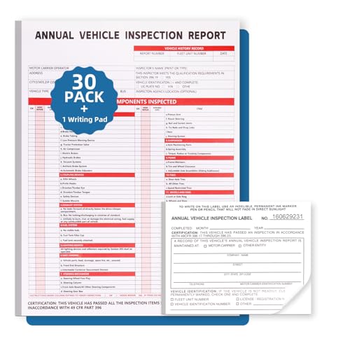 30-Pack Annual Vehicle Inspection Report Form, 3-Ply Carbonless Form and Hardboard, Includes 30-Pk 2-Ply FMCSA Vinyl Adhesive Label for Annual Inspections, DOT Compliant
