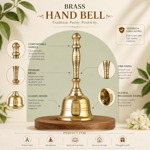 Image of Craftvatika Brass Hand Bell for Pooja Ghanti for Mandir, Home and Office Temple Prayer Bell Ghanti for Decoration (1.6 x 3.8 inches, Golden)