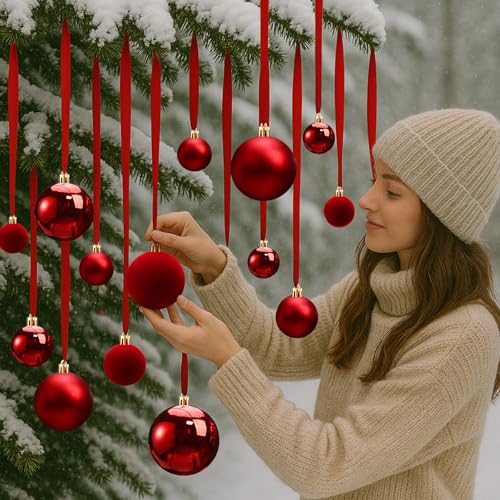 Halloscume 78 Pcs Christmas Ball Ornaments for Ceiling Shatterproof Christmas Decoration Decorative Ceiling Red Hanging Balls Ornament Shiny, Matte, Velvet Finishes for Xmas Tree Decor Wedding Holiday by Halloscume - Image 4