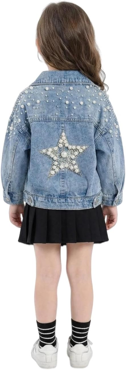 Girls' Classic Pearls Denim Jackets Kids Button Down Jeans Jacket Top Coat Outwear