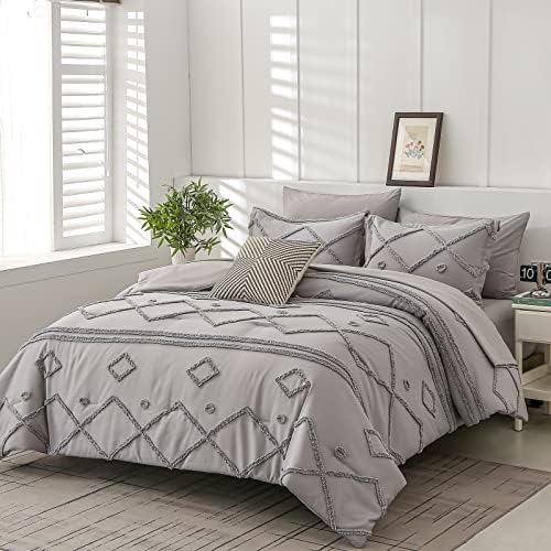 WURUIBO Tufted King Size Comforter Set,Grey Bed in a Bag 7 Pcs,Shabby Chic Jacquard Geometry Comforters King Size with Sheets,Soft Microfiber Bedding Comforter Set for All Season(Light Grey,King)