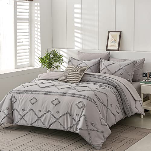 Wuruibo Tufted King Size Comforter Set,Grey Bed In A Bag 7 Pcs,Shabby Chic Jacquard Geometry Comforters King Size With Sheets,Soft Microfiber Bedding Comforter Set For All Season(Light Grey,King) #TOP1