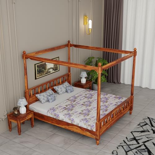 Image of Solid Wood Sheesham Bed King Size Poster Bed Wooden Double Bed Cot Bed Furniture for Bedroom Home and Hotel (Honey Finish, King) 1 Year Warrenty