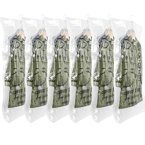 6PCS Hanging Vacuum Bags for Coats Space-saving Vacuum Bag for Clothes 110x70CM Reusable Vacuum Coat Bags for Suits Jackets or Dresses Closet Organizer