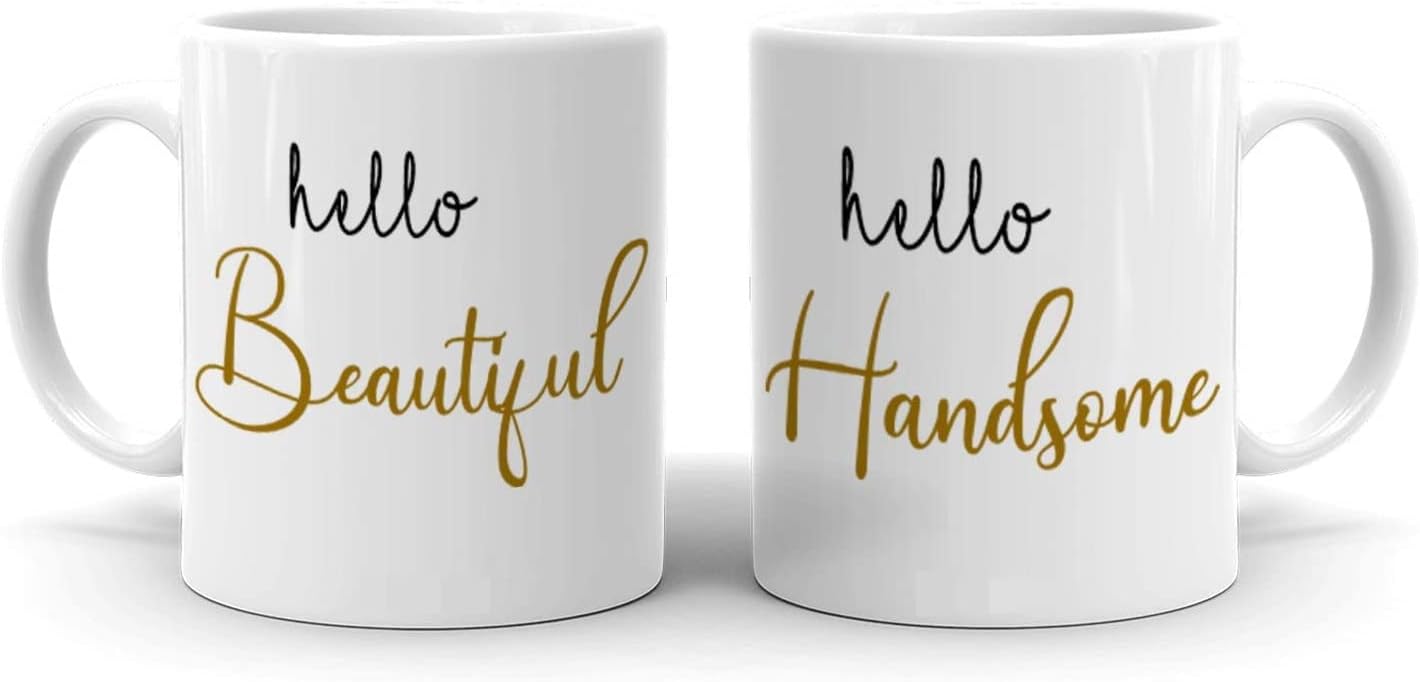 Spoil Your Wall Hello Beautiful & Hello Handsome Quotes Set of 2 Printed Ceramic Coffee Mug 325ml, Perfect Gifting