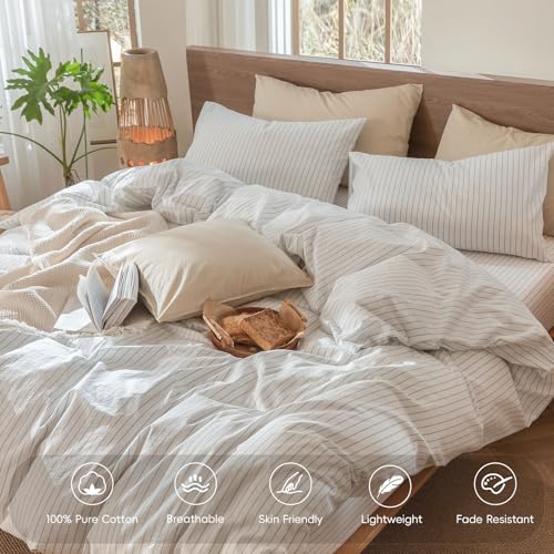 Image of MooMee Striped Duvet Cover Set 100% Washed Cotton Linen Like Alaska King | Relaxed Linen-like Texture. Soft, Breathable & Long-lasting Comfort. Lightweight. Hidden Zipper with 8 Interior Corner Ties