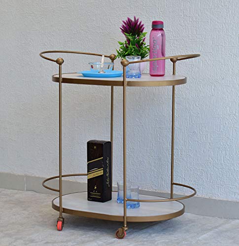 SamDecors Solid Wood Gail Multipurpose Bar Trolley with Wheels with Two Shelves in White Finish and Iron Frame in Golden Finish SamDecors Solid Wood Gail Multipurpose Bar Trolley with Wheels with Two Shelves in White Finish and Iron Frame in Golden Finish