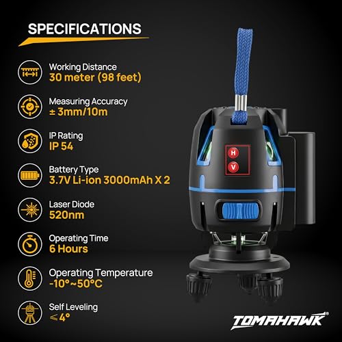 Image of TOMAHAWK TLL-8-8 Line laser cross line leveller, Self-Levelling, IP54 Dustproof, 卤1 mm Accuracy With Rechargeable Batteries, Ideal for Construction and Indoor Use