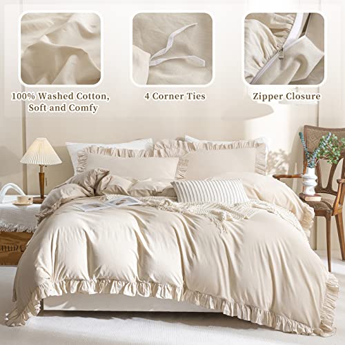 Image of QSH Washed Cotton Queen Duvet Cover Set Ruffle Duvet Cover Linen Textured Farmhouse Shabby Vintage Chic Bedding Comforter Cover 3 Pieces Aesthetic French Country Queen Bed Set
