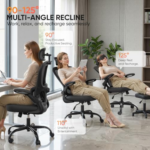 Image of VUSIGN Ergonomic Office Chair, High Back Mesh Desk Chair with Adjustable 3D Headrest & Lumbar Support, Flip-Up Arms, 300lbs Wide Seat Swivel Rolling Computer Gaming Chair, for Home Office - Black