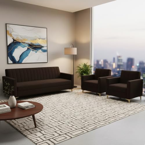 Image of Marvello 3+1+1 Fabric Sofa Set for Living Room | Soft Velvet Upholstery, Sturdy Wooden Frame | Stylish Sofa for Hall & Office Spaces (Dark Brown)
