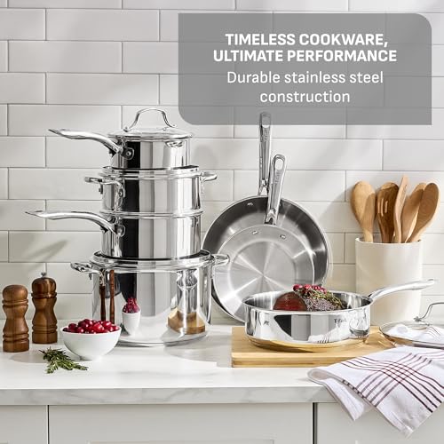 T-fal Stainless Steel Cookware Set, 11 Piece, Induction Cookware, Oven Safe to 500°F, Kitchen Cooking Set w/Fry Pans, Pots and Pans, Dutch Oven, Saucepans, Kitchen Essentials, Silver by T-Fal - Image 3