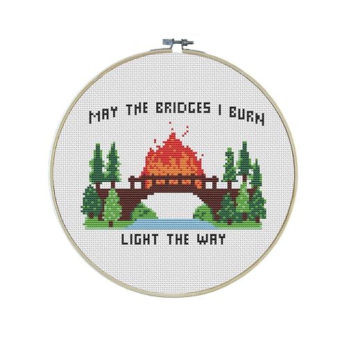 Bridges I Burn Premium Cross Stitch Kit - Everything Included - 8 Inch Hoop, Needle, DMC Thread, Fabric, and Easy-to-Follow Instructions