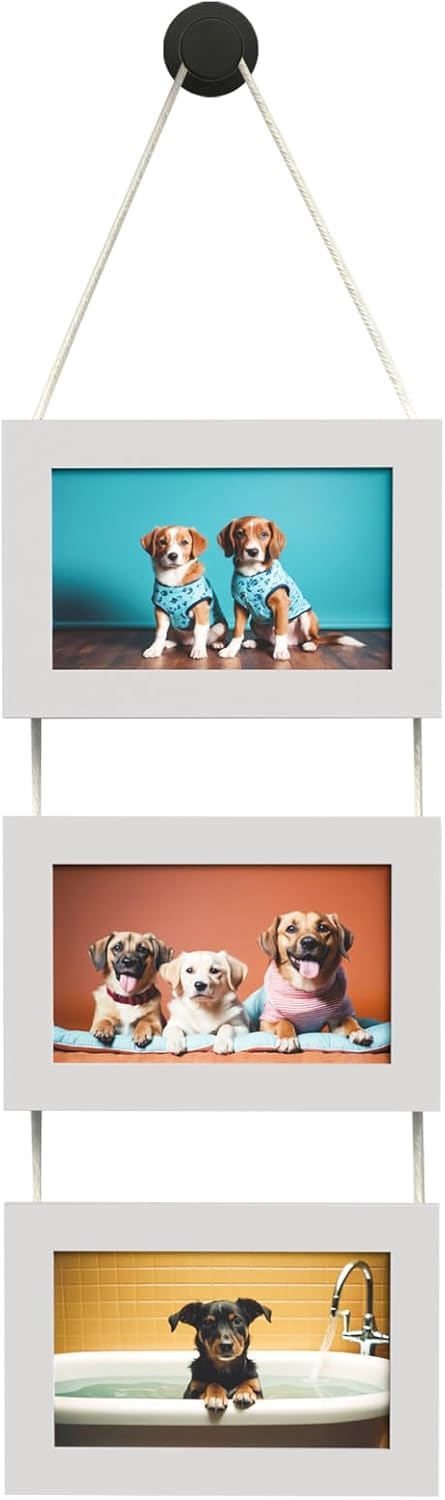 4x6 Hanging Picture Frames Collage Wall Decor, 3-Frame Set, Rustic Solid Wood Photo Frame Pack of 3 Vintage White