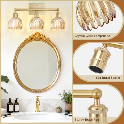 Image of Bathroom Vanity Light 3 Light, 20 in Brushed Brass Bathroom Light Fixtures, Vintage Wall Sconces,Bath Vanity Lights Over Mirror with Amber Tulip Glass Shade for Bedroom Living Room,E26 Base