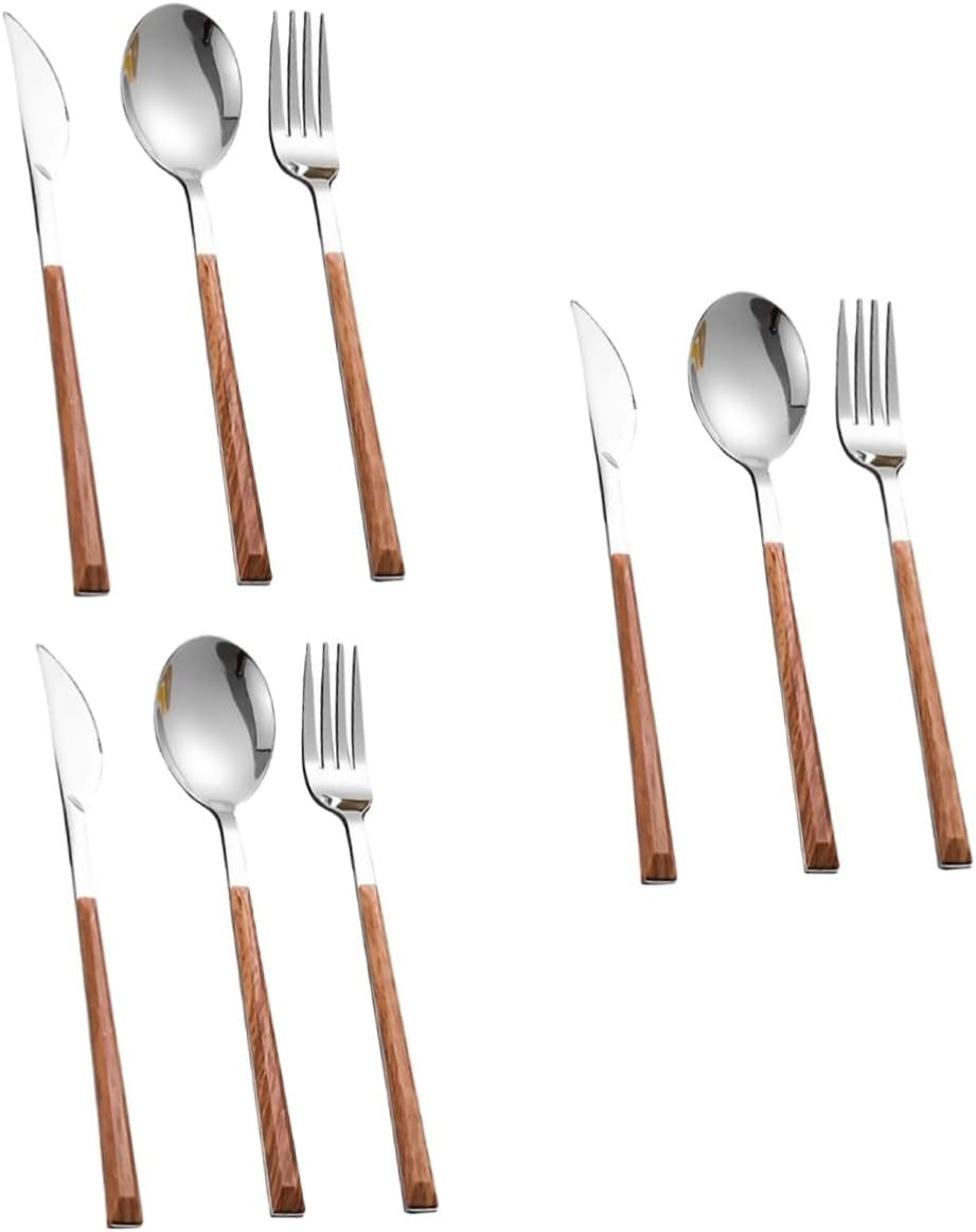 Cabilock 9pcs Stainless Steel Salad Fork and Spoon Set Handle Reusable Cutlery Steak Cutter Forks for Dinner Portable Tableware