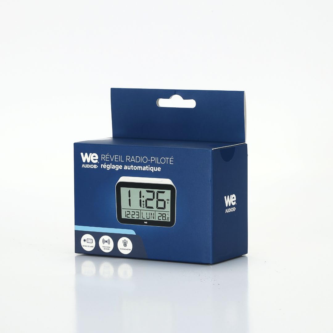 WE Reloj despertador digital con radio, pantalla retroiluminada, hora de visualización, fecha y temperatura, funciona con pilas