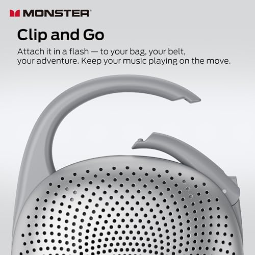 Image of Monster Bluetooth Speaker Ultra-Portable with Integrated Carabiner Clip, IPX7 Waterproof, 29H Playtime, Bluetooth 6.0, TWS Pair Clip-On Speaker for Outdoor, Hiking, Beach, Shower & Travel, Light Grey