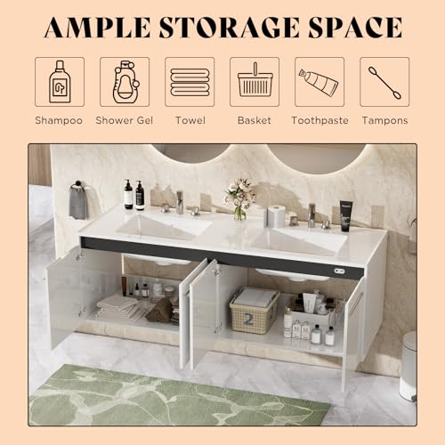 AMERLIFE 60" LED Floating Bathroom Double Vanity with Sink Combo, Modern High Gloss Wall Mounted Bathroom Storage Cabinet with 3 Hole Sink & & Metal Handles & Soft Closing Doors, White