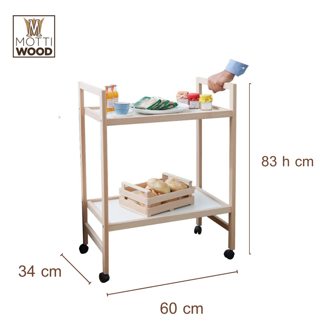 Carrello Multiuso, 2 Ripiani, 100% Legno Faggio, 34x60x83h cm, Con Rotelle, Made in Italy