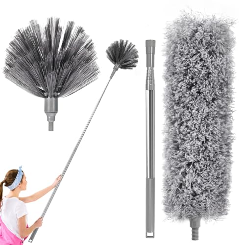 Image of Cobweb Duster with Extension Pole, Spider Web Brush and Washable Ceiling Duster Kit, 15-100 Inch Long High Rigidity Handle Aluminum Telescoping Pole for Ceiling Fan, Furniture, Ceiling Corner (Grey)