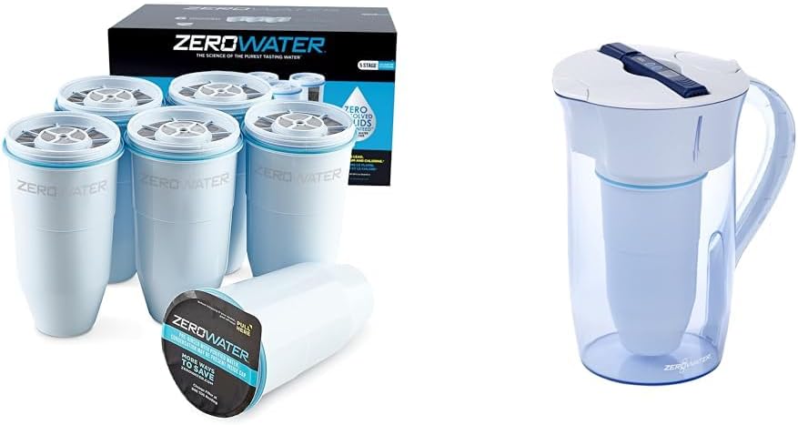 ZeroWater 10-Cup Ready-Pour 5-Stage Water Filter Pitcher + 6 Replacement Filters - 0 TDS for Improved Tap Water Taste - IAPMO Certified to Reduce Lead, Chromium, and PFOA/PFOS