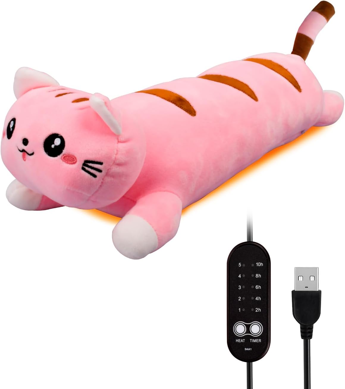 20" Grey Cat Heating Pad for Period Cramps USB Portable Electric 5 Heat Settings 5 Timer Modes Auto Shut Off Plush Stuffed Animal Warmer for Neck Back Pain Relax for Women Kids