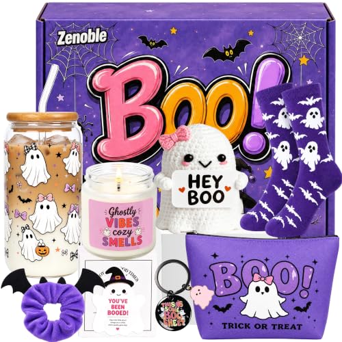 Zenoble 8Pcs Boo Basket Stuffers for Women Halloween Gifts Basket Set | Halloween Spooky Gifts with Crochet Ghost Doll Glass Cup Makeup Bag Boo Boxes for Women Teens Her Girls Friend Adults