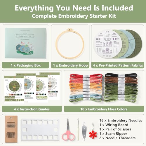 image for Snuvid Embroidery Kit for Adult Beginners, 4-Pack 38 Stitch Needlework