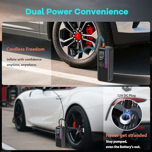 Tire Inflator Portable Air Compressor, 150 PSI Cordless Air Pump, Dual Power 6000mAh, 12V DC Car Plug, Fast Inflation 24L/Min, Auto Shut-Off, LED Light, 4 Preset Modes for Car, Bike, Motorcycle, Balls - Image 7