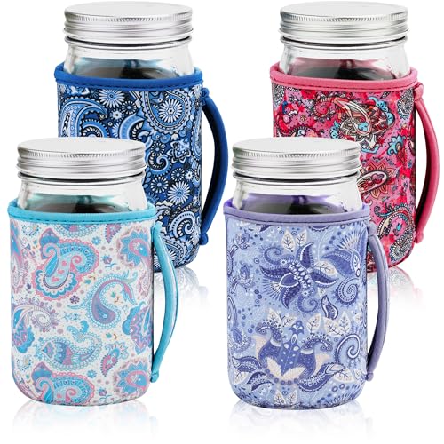 KJQJLY 4 Pcs Mason Jars Sleeves Neoprene 32oz Regular and Wide Mouth Mason Jar Sleeves Holder with Handle (Paisley 32 OZ)