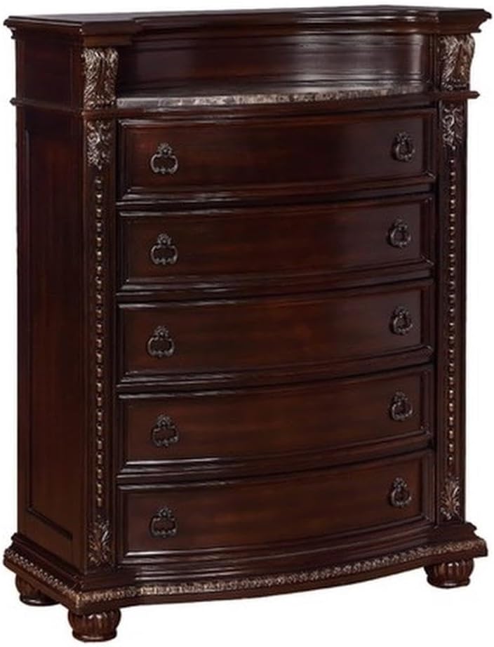 Benjara Sany 5 Drawers Wooden Chest w/Engraved Details & Bun Feet- Cherry Brown