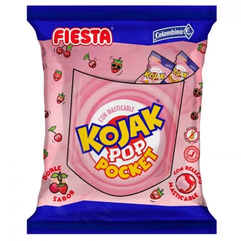 Kojak Pop Pocket Sabor Cereza y Fresa - Caramelo Kojak Relleno de Masticable de Fresa - 200 Unid. Kojak FIESTA