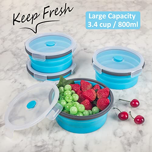 Collapsible Food Storage Containers Round With Airtight Lid, Kitchen Stacking Silicone Collapsible Meal Prep Container Set For Leftover, Microwave Freezer Dishwasher Safe, Blue, Set Of 4, 27 Oz #TOP1