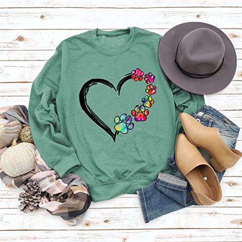 Sunidol Womens Dog Mom T-Shirts Dog Paw Print Multicolor Heart Print Long Sleeve Crewneck Pullover Casual Sweatshirts Tops Green Xl #TOP1