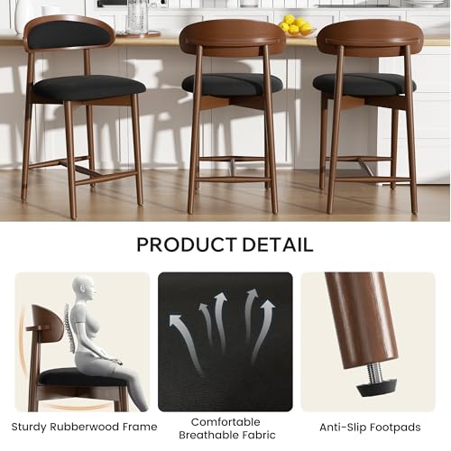 Image of Bar Stools Set of 6, Upholstered Counter Height Bar Stools, Mid Century Modern Counter Stools with Wood Legs for Kitchen Island, Black