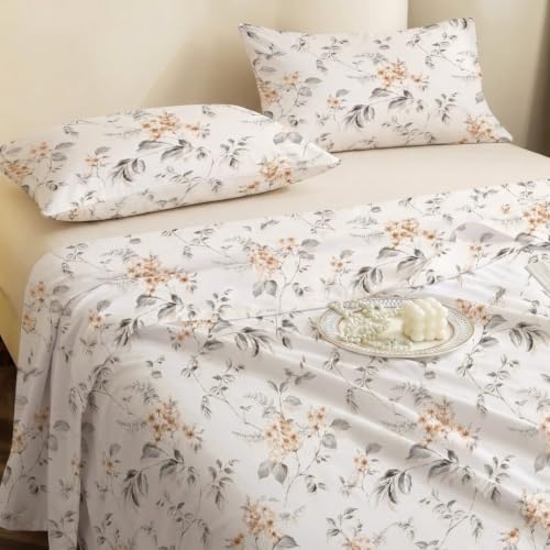 Image of IVAZA 240 TC Soft Ezyption Cotton Floral Print King Size Bedsheet - with 2 Pillow Covers, Hypoallergenic, Brethable, (Size- 90 x 90 Inch) Champagne Peach