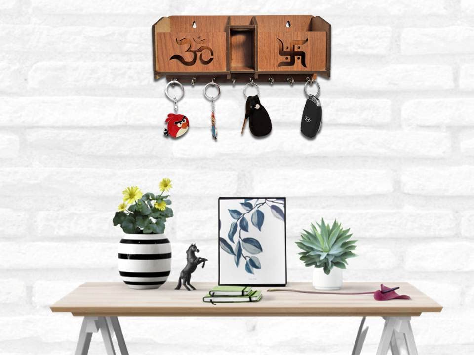Image of Wooden Om Design TV Remote Mobile Stand Key and Pen Holder for Home, Office, Hall, Living Room Pocket Pen Special Designer Home Furnishing Two Box Wall Mounted Wall Keys Holder