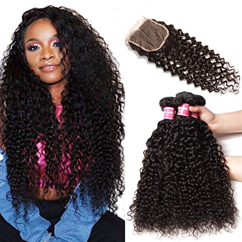 Jolia Hair 8A Brazilian Hair 3 Bundles with Closure 4x4 Transparent Free Part Curly Closure Human Hair with Bundles 100% Unprocessed Virgin Hair Extensions (20 22 24+18" Closure)