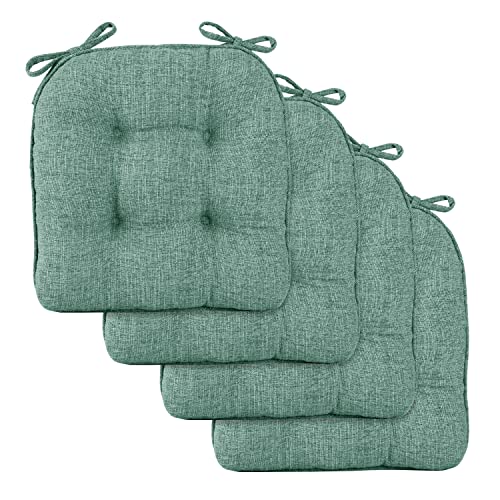 Downluxe Indoor Chair Cushions For Dining Chairs, Tufted Overstuffed Textured Memory Foam Kitchen Chair Pads With Ties And Non-Slip Backing, 15.5" X 15.5" X 4", Green, 4 Pack #TOP1