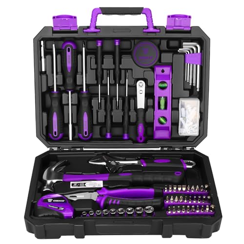 DEKO Caisse a Outils 100 Pièces de Réparation à Domicile, Malette à Outils de Mménage Général avec Rangement pour Boîte à Outils en Plastique, Violet