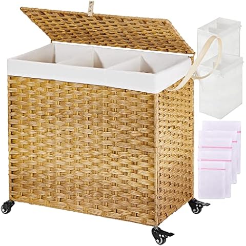 GREENSTELL Laundry Basket with Wheels, 2 Removable Liner Bags & 5 Mesh Laundry Bag, 3 Sections Divided Hampers Handwoven Synthetic Rattan Laundry Hamper with Lid and Handles, Easy to Install Natural Cover