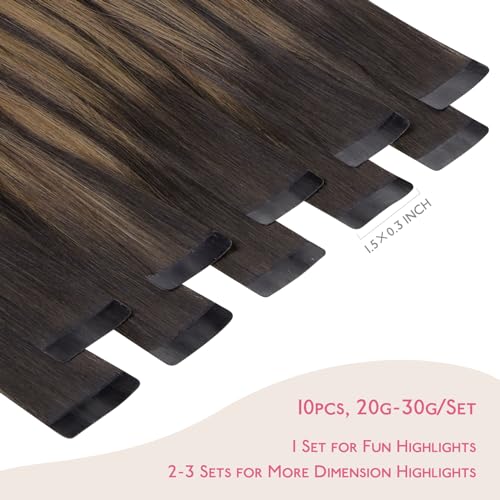 Image of WENNALIFE Tape in Hair Extensions Human Hair Balayage Dark Brown Mixed Chestnut Brown Tape in Extensions, 10pcs 30g 24 inch Remy Invisible Tape Ins Straight Soft Real Human Hair Tape in Extensions