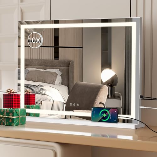 YU YUSING Miroir de Maquillage Hollywood avec Éclairage LED 80 x 56 cm, 3 Températures de Couleur, Grand Miroir Cosmétique Miroir de Table avec Interrupteur Tactile USB